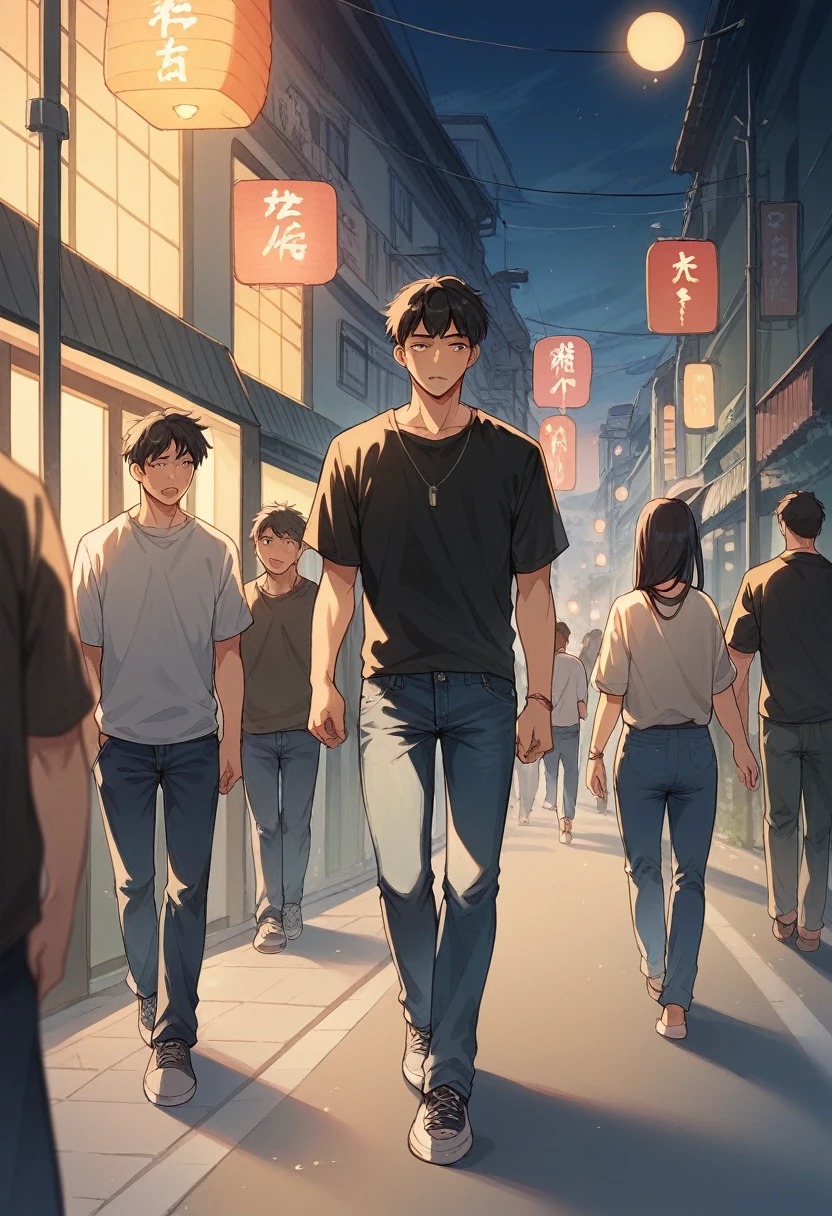 Thic young japanese woman, long black hair, wearing black blouse jeans, neckline, walking in the street, talking with four men, romantic environment, at night, simley expression