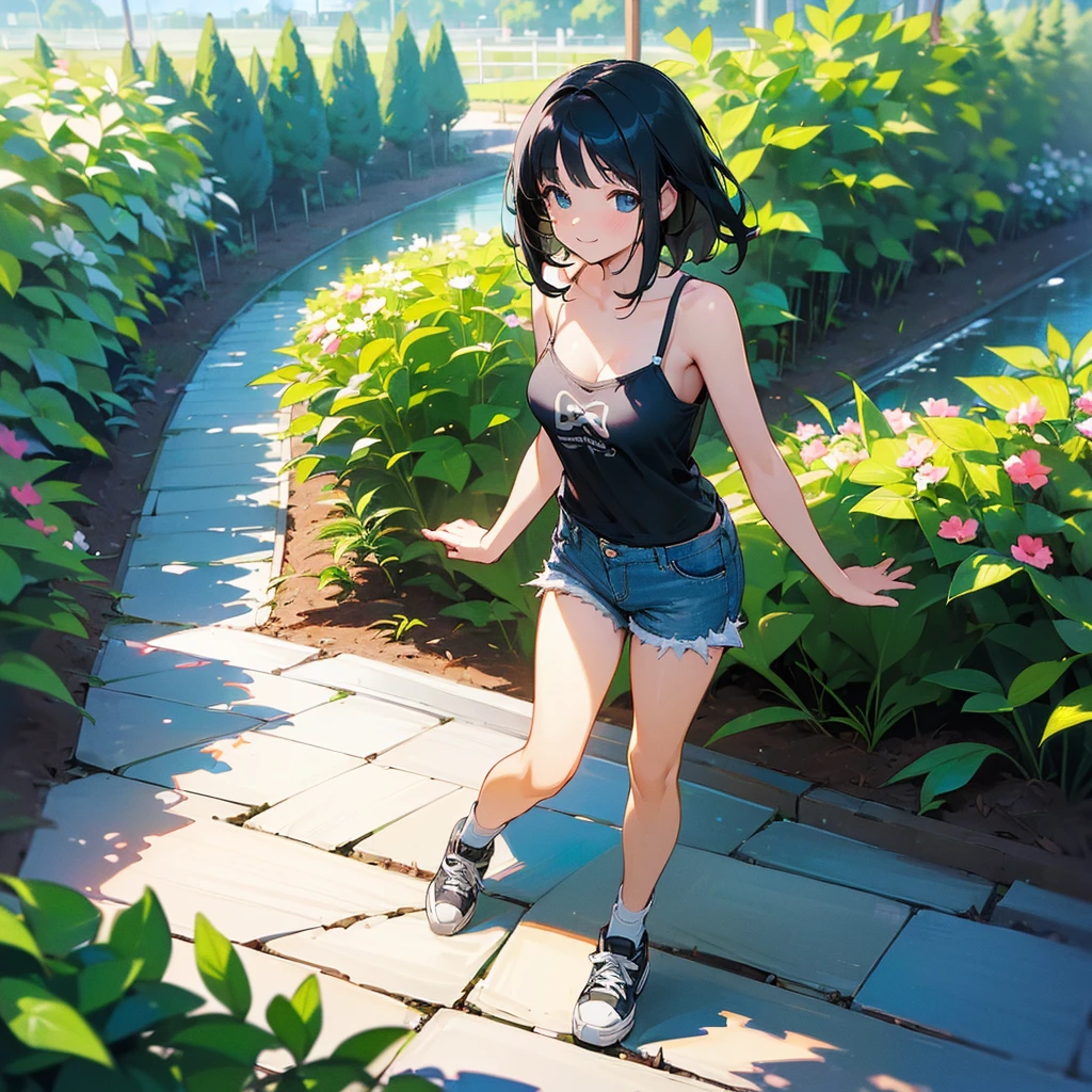(high quality, High resolution, Very detailed, reality:1.37), Peaceful atmosphere, (Outdoor, garden), Teenage girl standing alone, (my breasts are big.), Beautiful details, Cute Smile, (Black bob hair), camisole, Denim shorts, Blue socks, sneakers.