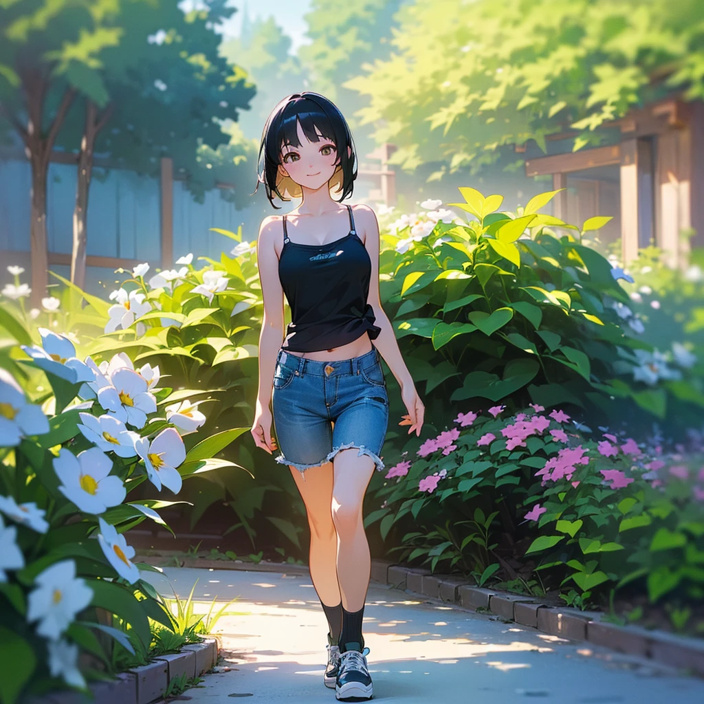 (high quality, High resolution, Very detailed, reality:1.37), Peaceful atmosphere, (Outdoor, garden), age girl standing alone, (my breasts are big.), Beautiful details, Cute Smile, (Black bob hair), camisole, Denim shorts, Blue socks, sneakers.