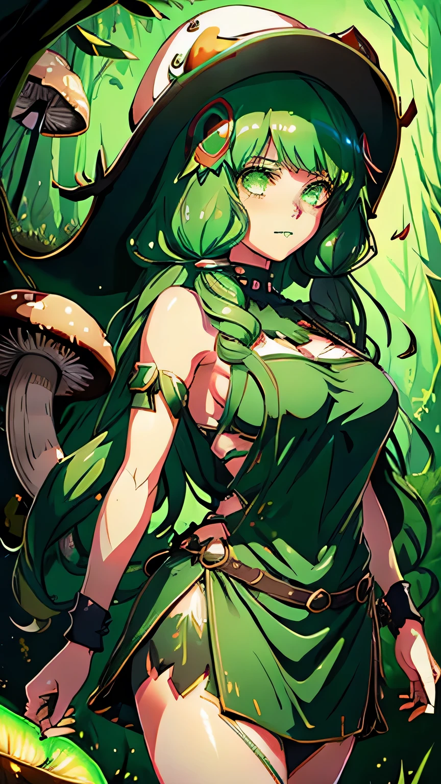 Girl, green hair, long hair, green dress, white apron, mushroom hat, fungus, full of mushroom, fungi, inside a glowing cave