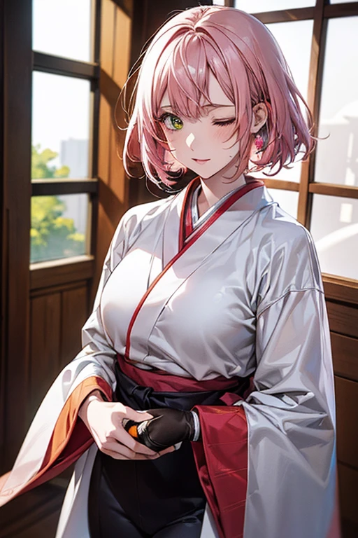 (best quality),(masterpiece),(ultra detailed),(a cartoon girl with white hair and red eyes holding a controller standing by a window,1girl,one eye closed,solo,green eyes,pink hair)baby face,BREAK(in kyoto animation style)hyper realistic,2D frat,clear outline,thick outline,ink painting,animated painting,BREAK,8K high res,ultra detailed,perfect anatomy,perfect shiding,depth of field,blurry,shiny skin,sparkling bokeh lights in the background,with a vibrant color scheme emphasizing yellow and orange tones,