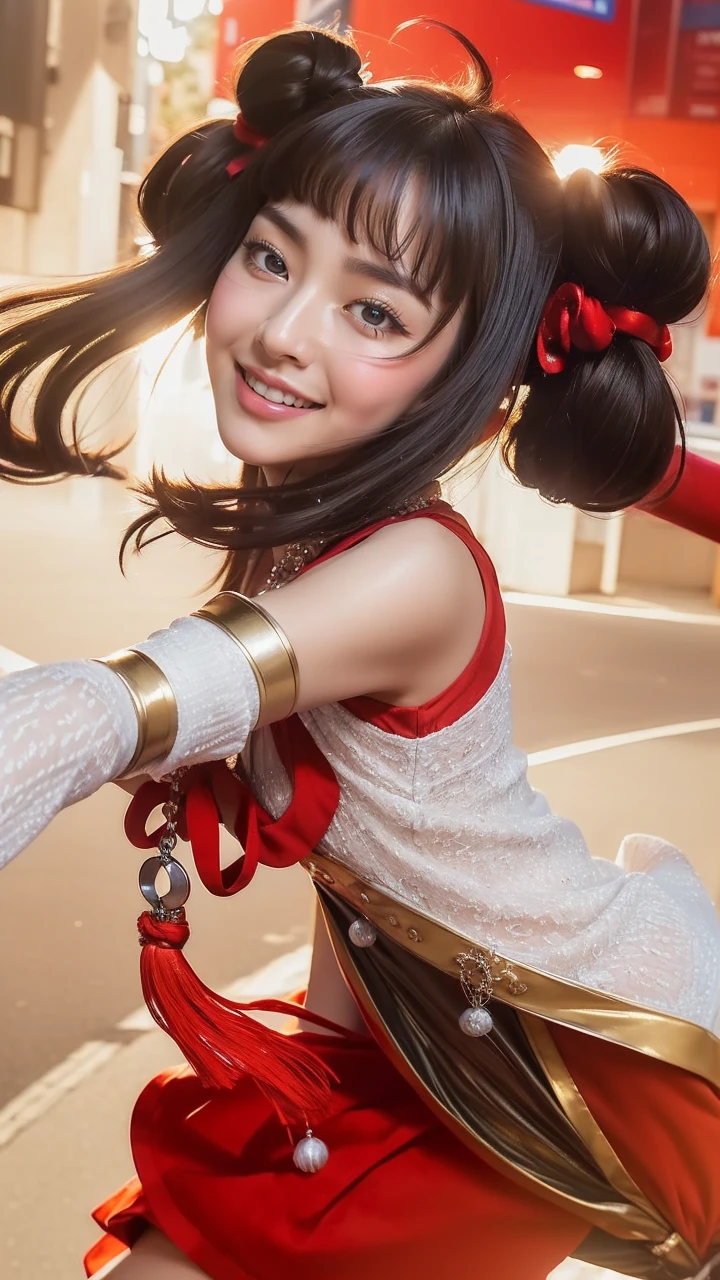 ((top-quality、、tmasterpiece:1.3))、sharp focus:1.2、Fleshy thighs,big breasts thin waist、(Natural soft light、street corner:1.2)、Highly detailed facial and skin texture、A detailed eye、(double eyelid)、(((dynamic ungle))),Chinese streets、thin silver necklace、Smiling、zmonzheng, Yoshitomo Nara, Yun Ling