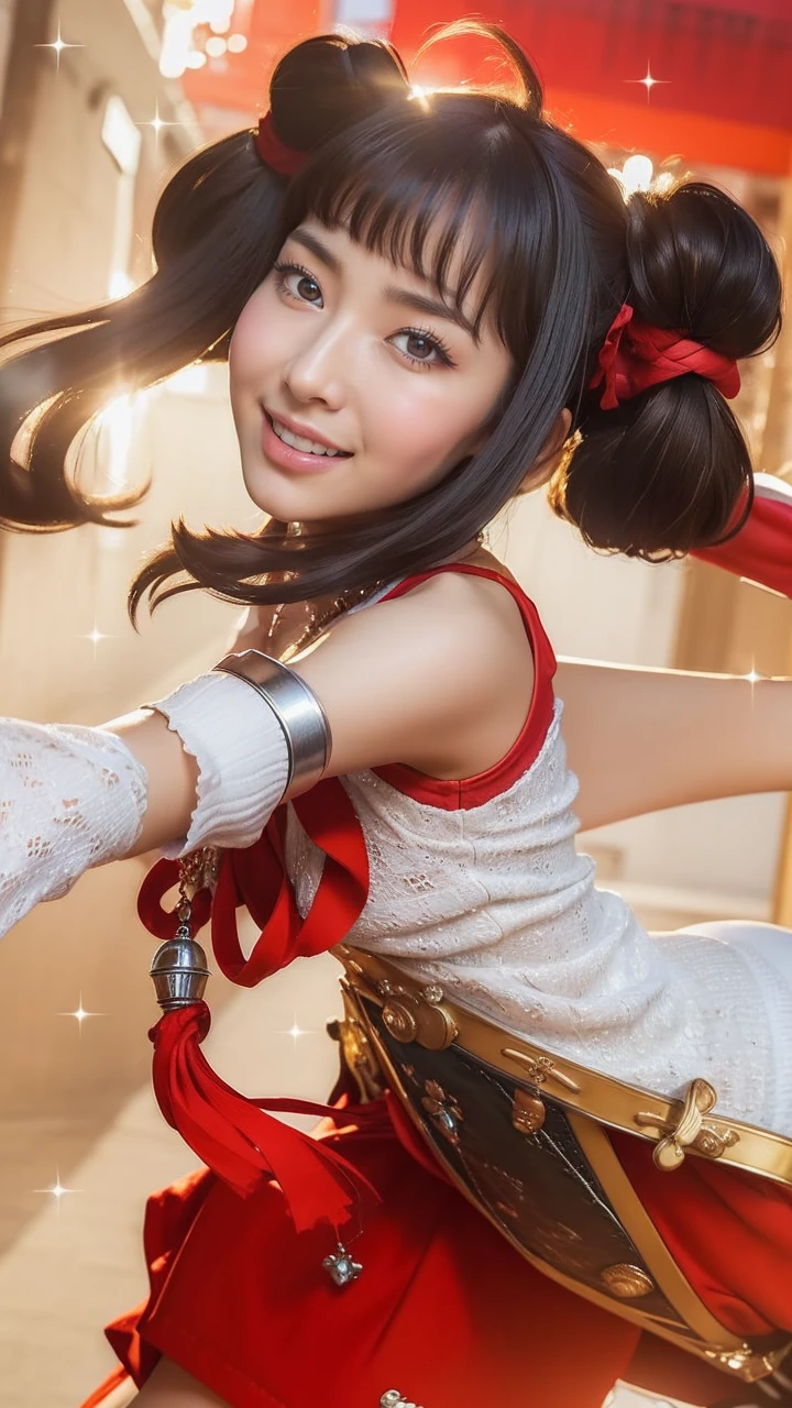 ((top-quality、、tmasterpiece:1.3))、sharp focus:1.2、Fleshy thighs,big breasts thin waist、(Natural soft light、street corner:1.2)、Highly detailed facial and skin texture、A detailed eye、(double eyelid)、(((dynamic ungle))),Chinese streets、thin silver necklace、Smiling、zmonzheng, Yoshitomo Nara, Yun Ling