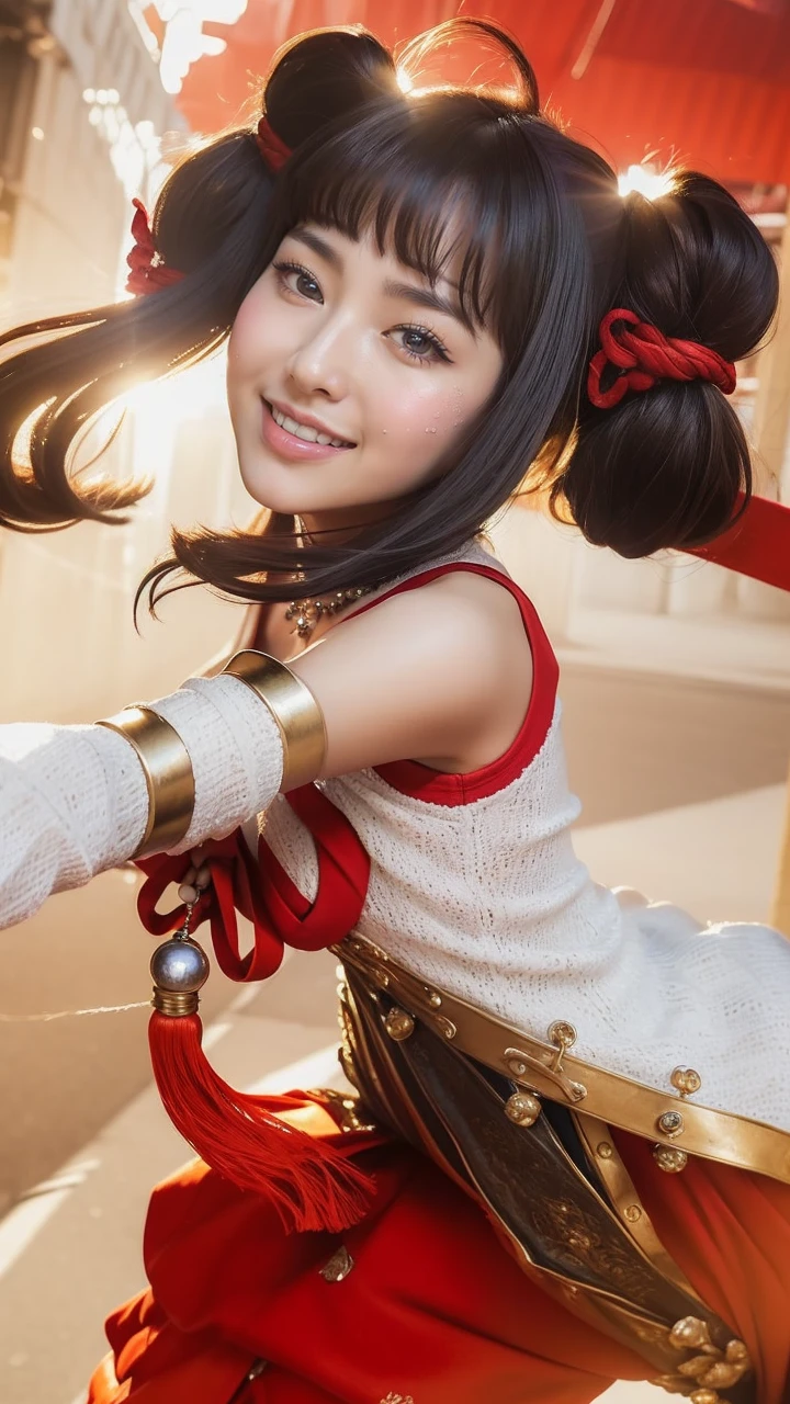 ((top-quality、、tmasterpiece:1.3))、sharp focus:1.2、Fleshy thighs，big breasts thin waist、(Natural soft light、street corner:1.2)、Highly detailed facial and skin texture、A detailed eye、(double eyelid)、(((dynamic ungle))),Chinese streets、thin silver necklace、Smiling、zmonzheng, Yoshitomo Nara, Yun Ling