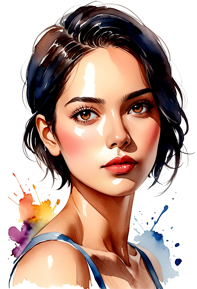 a latin woman with short hair, slickedback hair, a white background, Watercolor painting, digital art portrait, beauty woman with natural faces, Bela arte UHD 4K, digital illustration portrait, scribbled digital illustration, expressive feminine face, beautiful minimalist drawing style, digitalpainting, arte de digitalpainting, watercolor illustration style, digitalpainting em aquarela, digital art picture, painting digital art, watercolor style