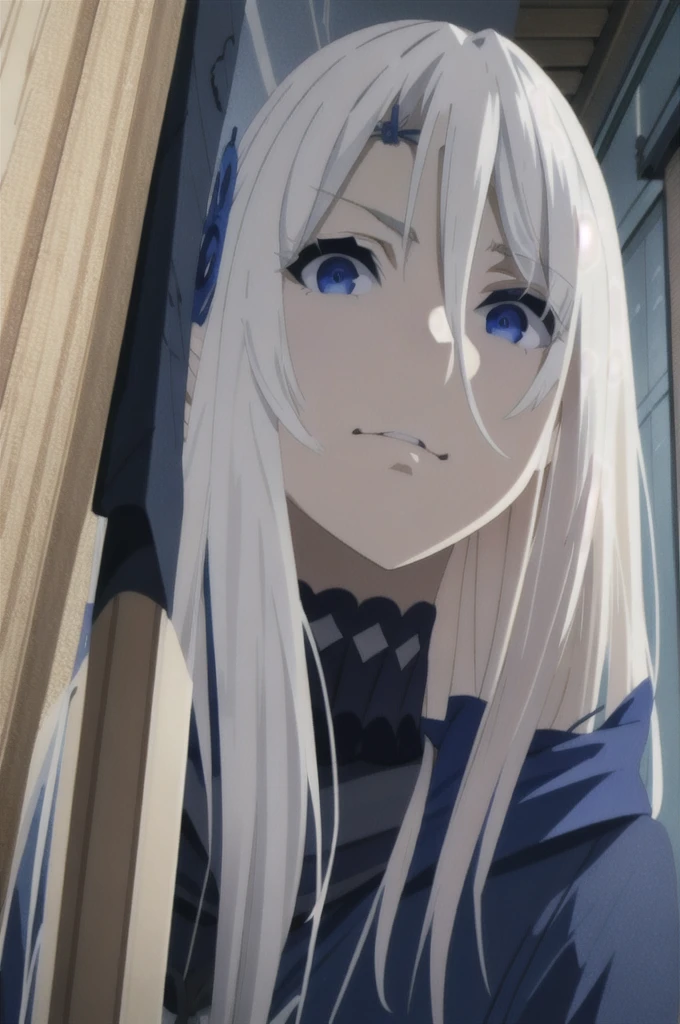 from below, log angle, intenseglare, disgust, shaded_face, shadow_over_eyes, glaring, looking down at the viewer, long platinum hair,blue eyes, detailed indoor, background