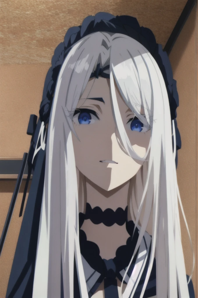 from below, log angle, intenseglare, disgust, shaded_face, shadow_over_eyes, glaring, looking down at the viewer, long platinum hair,blue eyes, detailed indoor, background