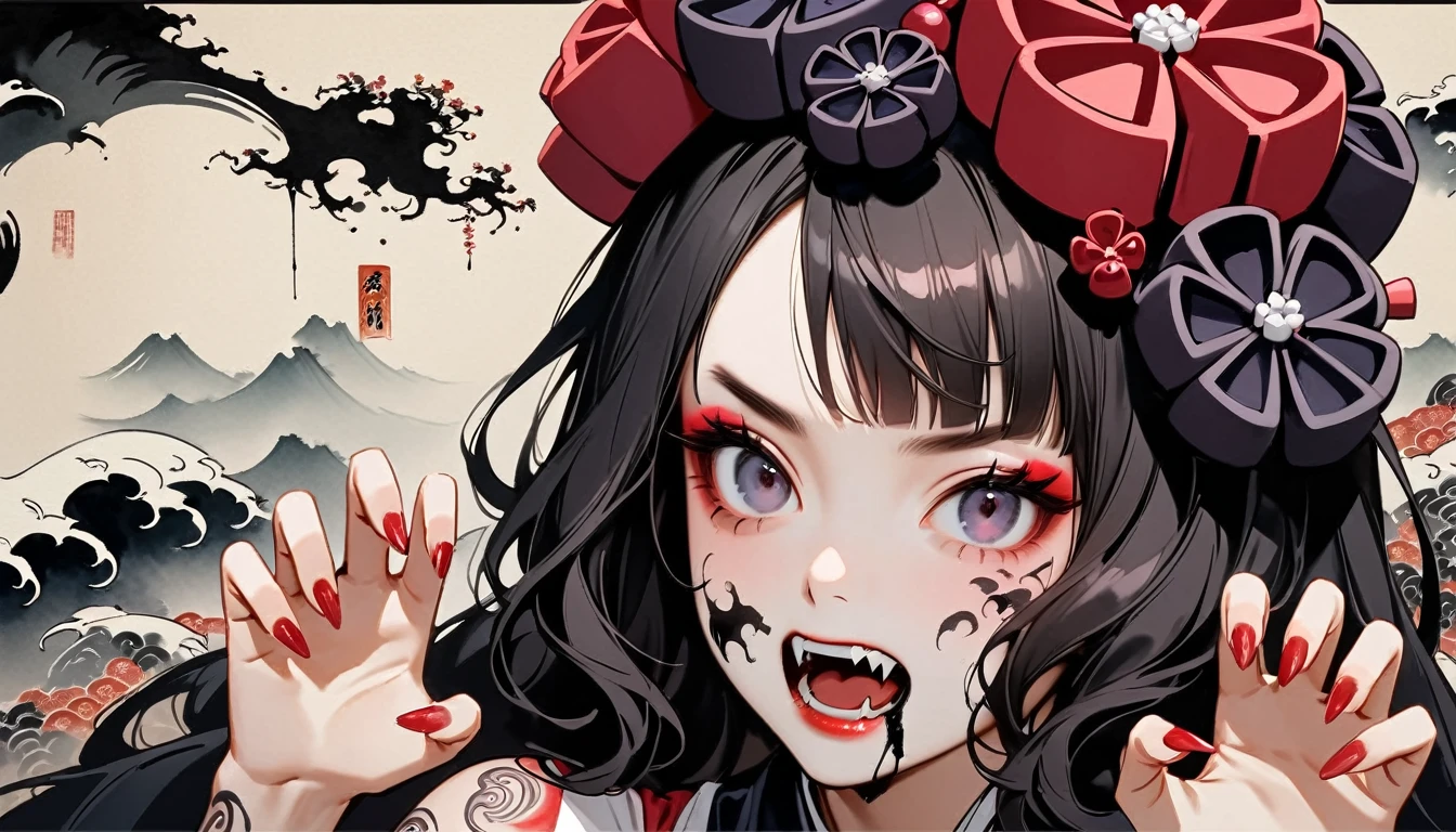 (((Horror elements))), (((TATOO on the face))), (((claw pose))), (((Highest quality))), (((Katsushika Hokusai))), (((Ink Painting))), ((very straight longhair)), ((1 girl)), ((Flashy makeup)), ((A beautiful girl possessed by a demon and showing her fangs)), Japanese style headphones, Black Hair, Delicate and precise, Modern ukiyo-e style, head shot