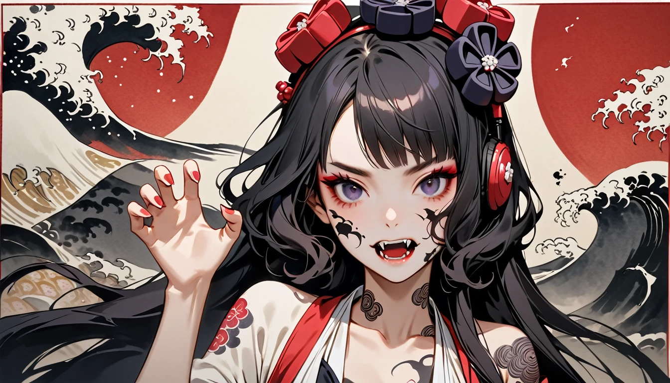 (((Horror elements))), (((TATOO on the face))), (((claw pose))), (((Highest quality))), (((Katsushika Hokusai))), (((Ink Painting))), ((very straight longhair)), ((1 girl)), ((Flashy makeup)), ((A beautiful girl possessed by a demon and showing her fangs)), Japanese style headphones, Black Hair, Delicate and precise, Modern ukiyo-e style, head shot