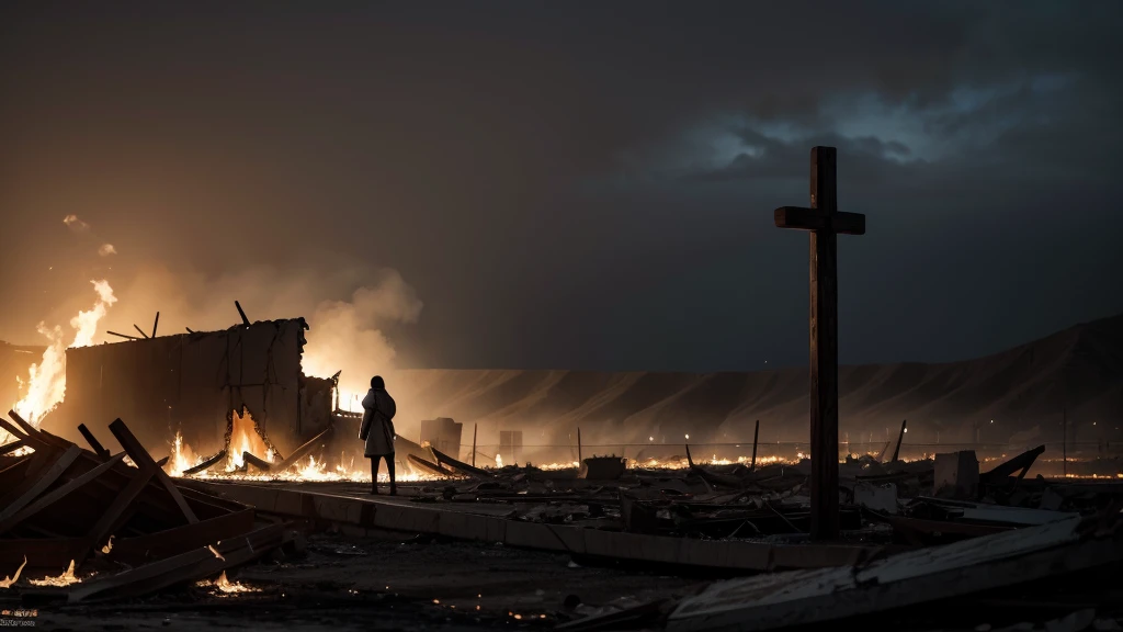 Jesus on the cross, a place destroyed and on fire in a dark climate