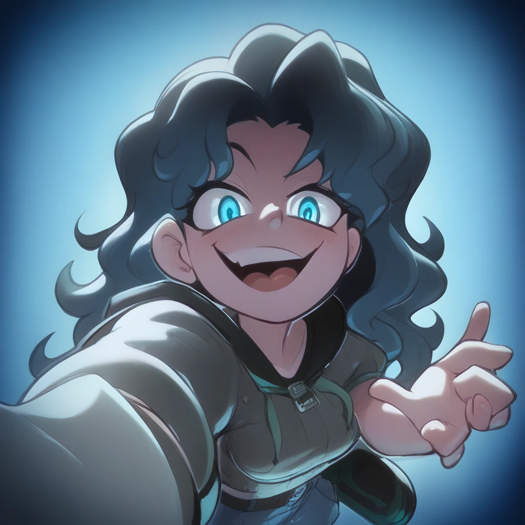 Ralph Bakshi Style, Curvy blue eyed girl with long wavy black hair and small breasts standing over viewer, (extreme nsfw)3.0, lewd3.0, (upward camera angle), (full-body-shot pov),