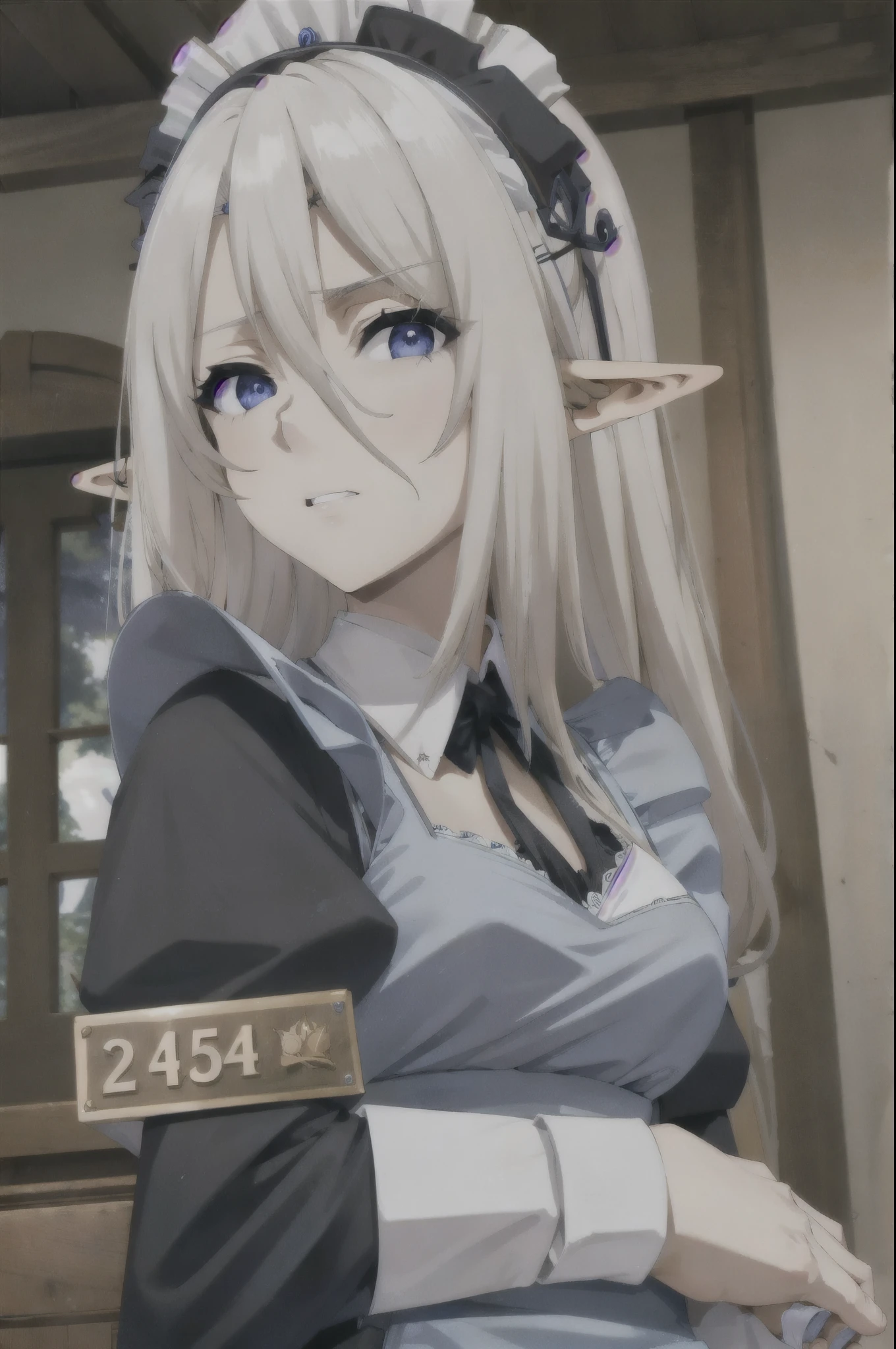 best quality, from below, log angle, intenseglare, disgust, shaded_face, shadow_over_eyes, glaring, looking down at the viewer, long platinum hair,blue eyes, detailed indoor, background,pointy ears,elf,,masterpiece, highres, solo, (maid:1.40), (long maid dress:1.15), anime_style, 14