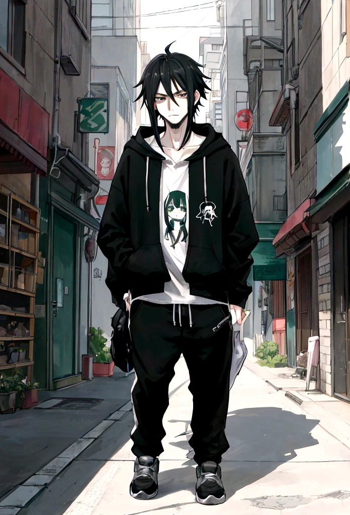 A pale teenager with some acne with very long messy black hair and some visible sideburns, dark brown eyes, a serious/slightly ill humored expression, some facial hair starting to grow, wearing a dark grey Zip-Up Hoodie, comfy dark grey pants, and simple grey shoes, with a dark green t-shirt underneath his hoodie, in anime style, walking a standard anime style street in a shadowed area of the sidewalk in broad daylight, in anime style, examples include 2d Anime styles, make very dramatic and detailed.