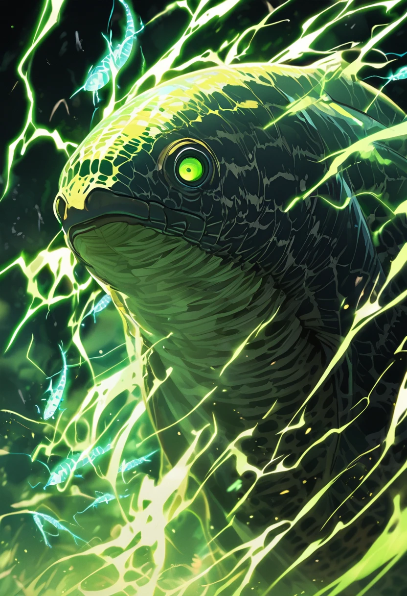 black, silverfish, sharp features, green electricity