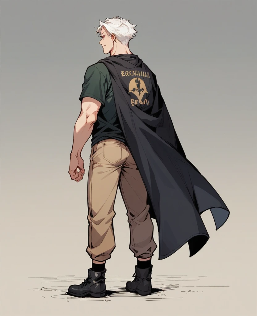 Create a British man facing and standing, with white hair, smooth ass, wearing a green t-shirt, a black cloak, a pair of brown pants, black boots and black ankle socks 