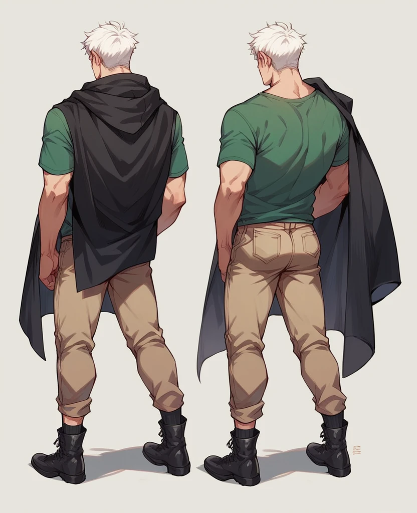 Create a British man facing and standing, with white hair, smooth ass, wearing a green t-shirt, a black cloak, a pair of brown pants, black boots and black ankle socks 