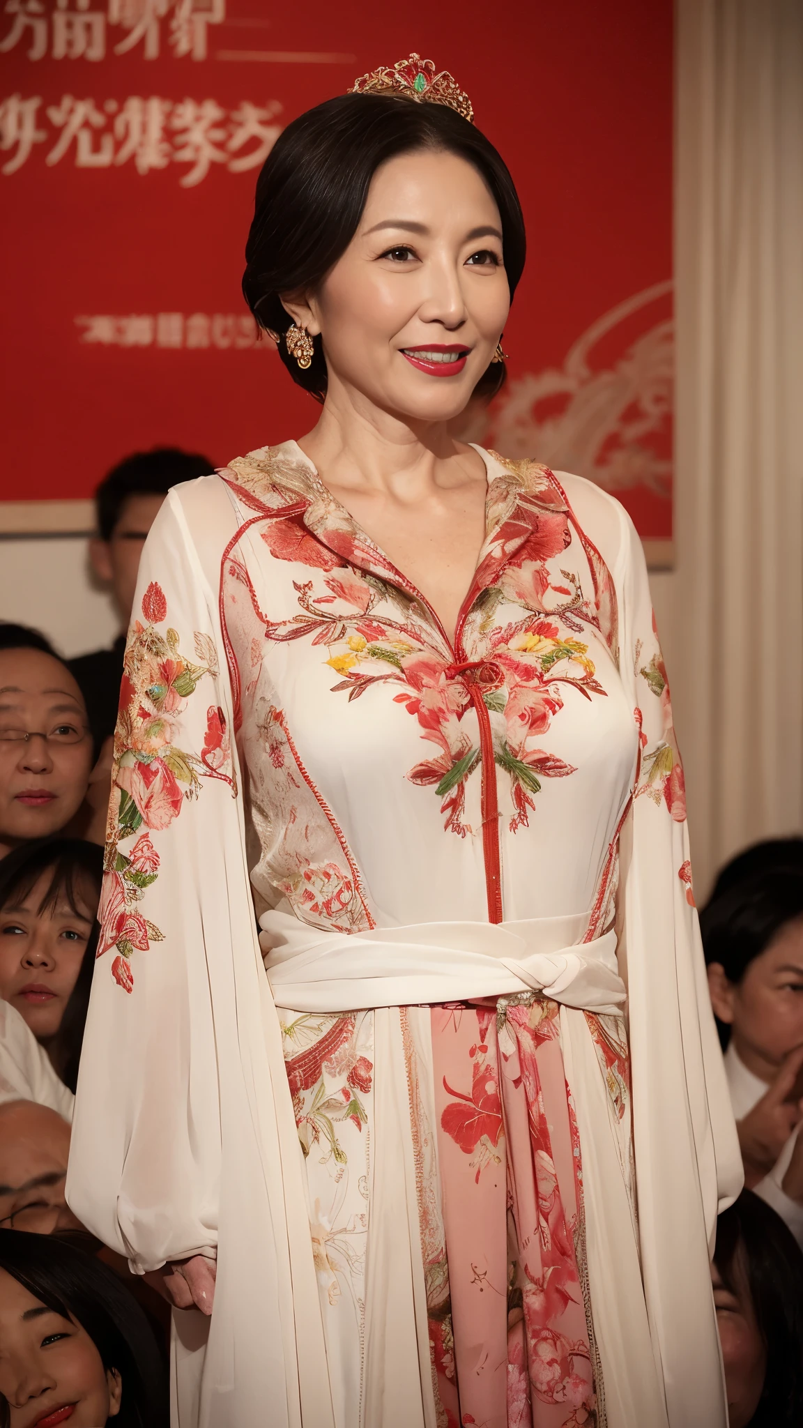Mucha's composition, Chinoiserie, gravure, senior citizen, Draw lips correctly, Red lipstick, From the chest up, 16K, Highest quality, Very detailed, Realistic, Very detailed肌, Perfect Anatomy, (1 Chinese), (alone), 100 years old, Large Breasts, Mature female politician, Glamour, sexy, Chromo White Skin, View your audience,