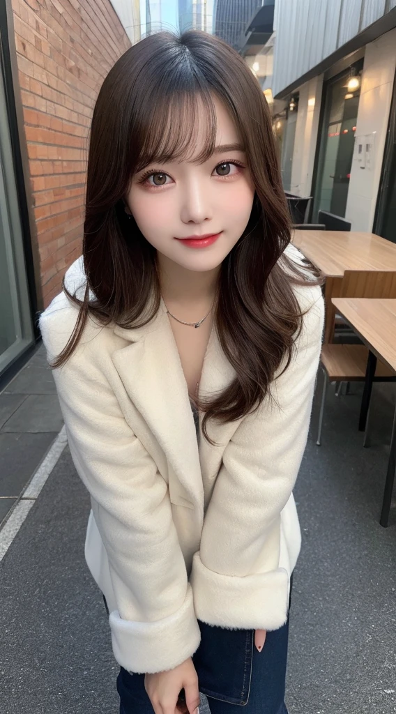 table top, highest quality, shape, Super detailed, finely, High resolution, 8k wallpaper, beautiful and detailed eyes, luxury mink coat(long sleeve dresium hair, small breasts, natural color lip, random sexy pose,smile,big city、20 year old girl、midnight、beautiful and detailed face、perfect and beautiful face,Big eyes、real photos(best image quality)、Standing position、Taken from above the knees towards the face