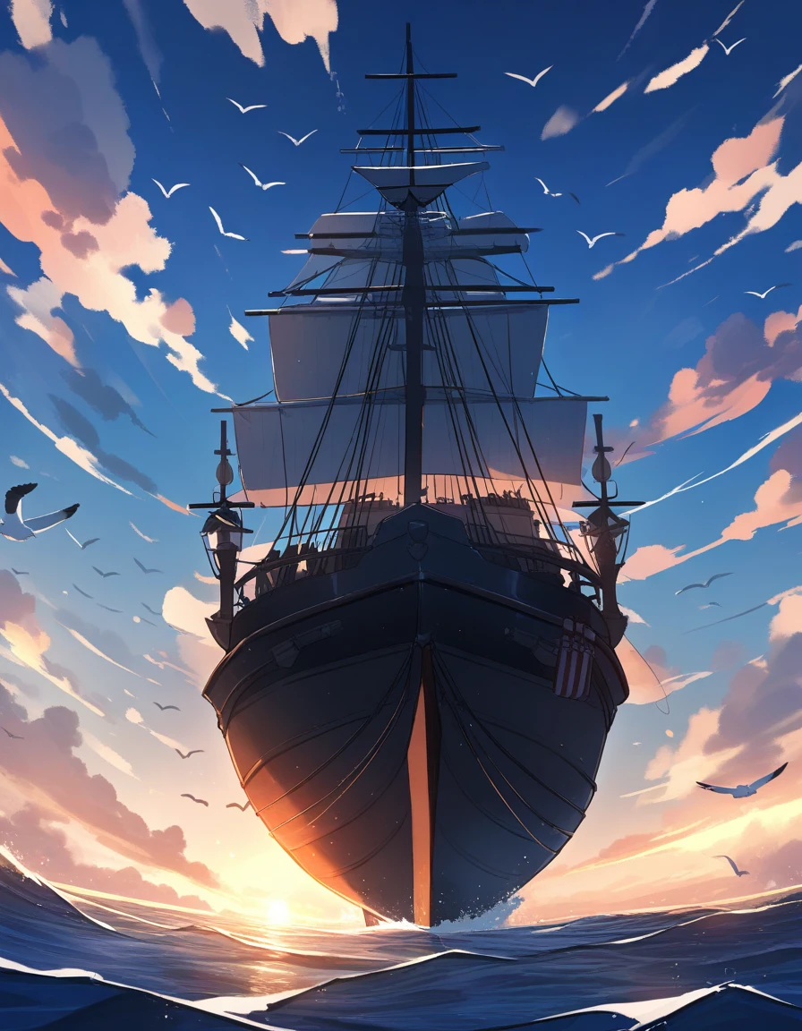 frigate, rowboat, Ship, Ship de guerra, frigate do século 18, ocean, mar, vague, Vents, Sunset of the Day, 17 hours, white clouds, viewed from below, blue sky, seagulls,