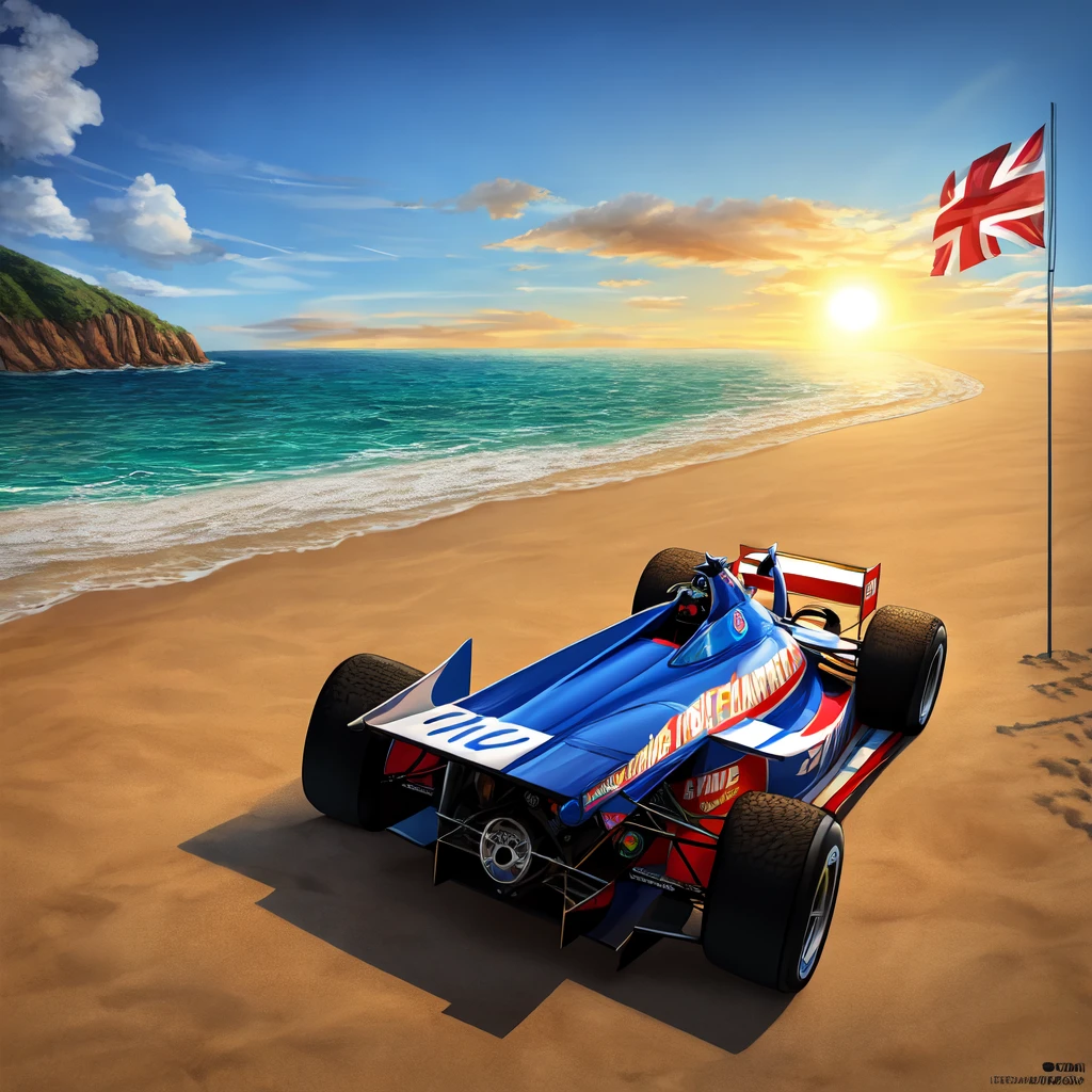 A formula 1 racing car in a beach environment with beautiful background landscape, sun, beautiful day and some finish flag, ultra detailed, hyper realistic - ar 4:5