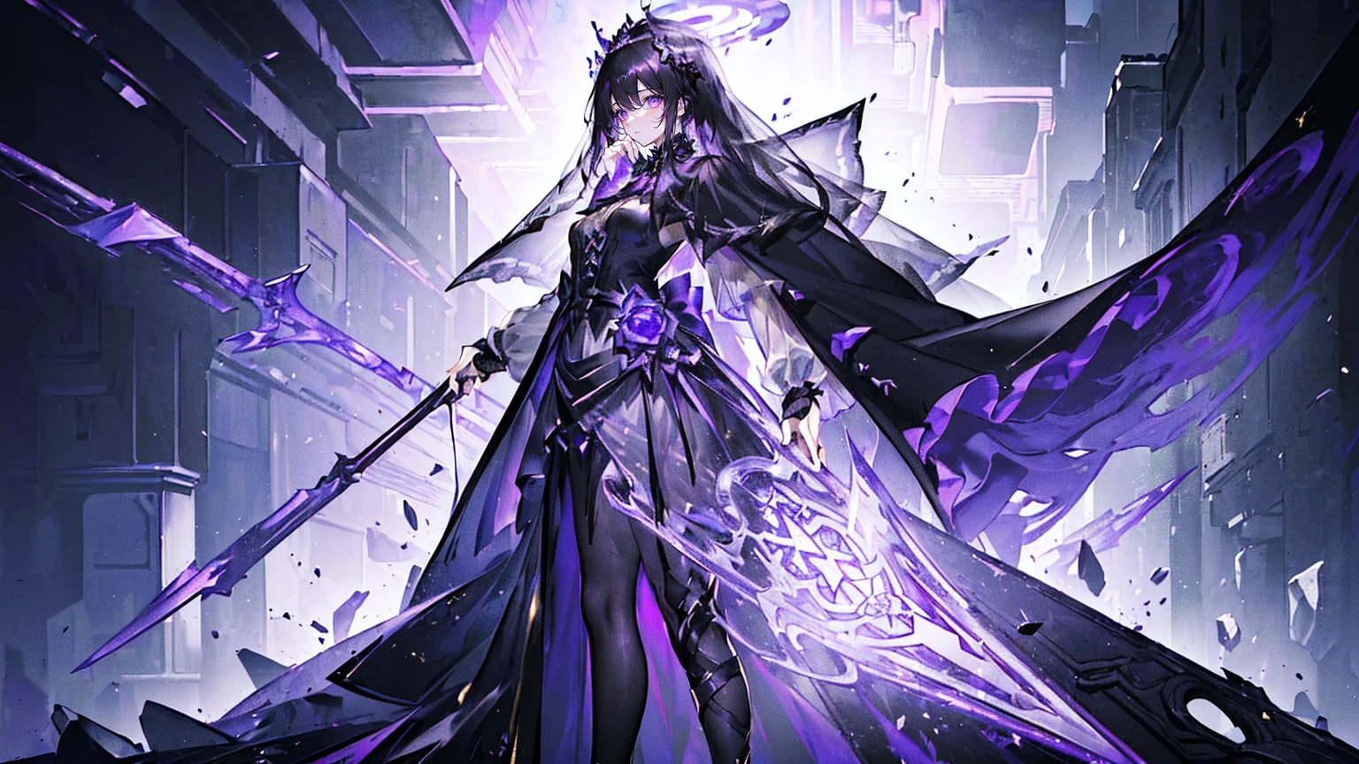 (Super detailed)),((illustration)),((masterpiece)),(((need))),((fine、Highest quality CG Unity 8K wallpapers,masterpiece),((4K,masterpiece,best quality)),Black hair queen,Sexy,Lilac eyes,Standing upright in a coffin,Mature,Hair tied on both sides,Black and gold gauze robe,Black and purple French vintage clothing,Gorgeous pure black cape,Black veil,Purple-white halo,Black and purple high heels,Wearing a crown on the head,Holding a knight's sword,pyramid,Emitting dim purple light,under deep sea,under deep sea的废墟,under deep sea排满棺材,Mysterious symbols