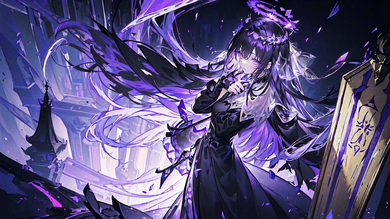 (Super detailed)),((illustration))，((masterpiece)),(((need))),((fine、Highest quality CG Unity 8K wallpapers，masterpiece），（（4K，masterpiece，best quality）），Black hair queen，Sexy，Lilac eyes，Standing upright in a coffin，Mature，Hair tied on both sides，Black and gold gauze robe，Black and purple French vintage clothing，Gorgeous pure black cape，Black veil，Purple-white halo，Black and purple high heels，Wearing a crown on the head，Holding a knight&#39;s sword，pyramid，Emitting dim purple light，under deep sea，under deep sea的废墟，under deep sea排满棺材，Mysterious symbols