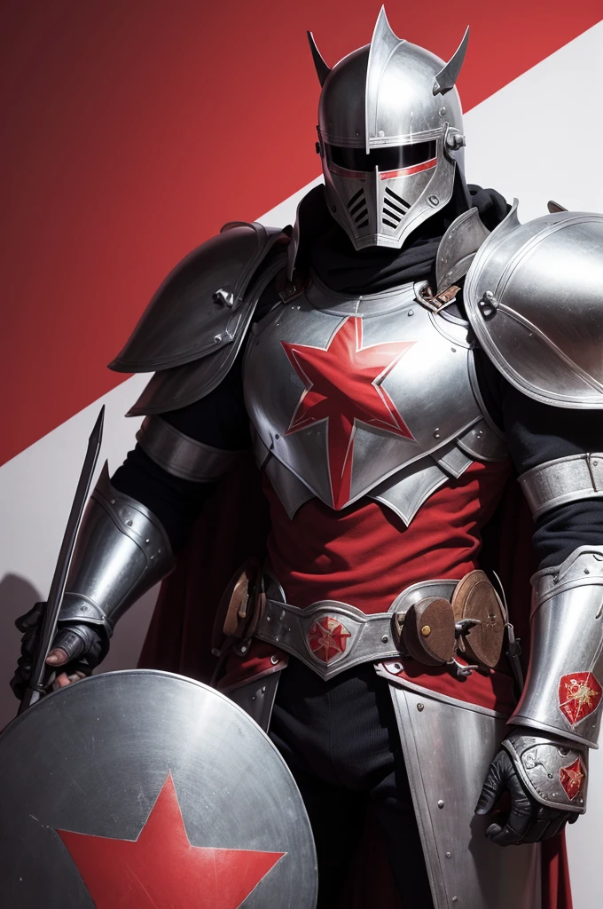 Realistic knight wearing an armor with communist symbols, in a mangá style