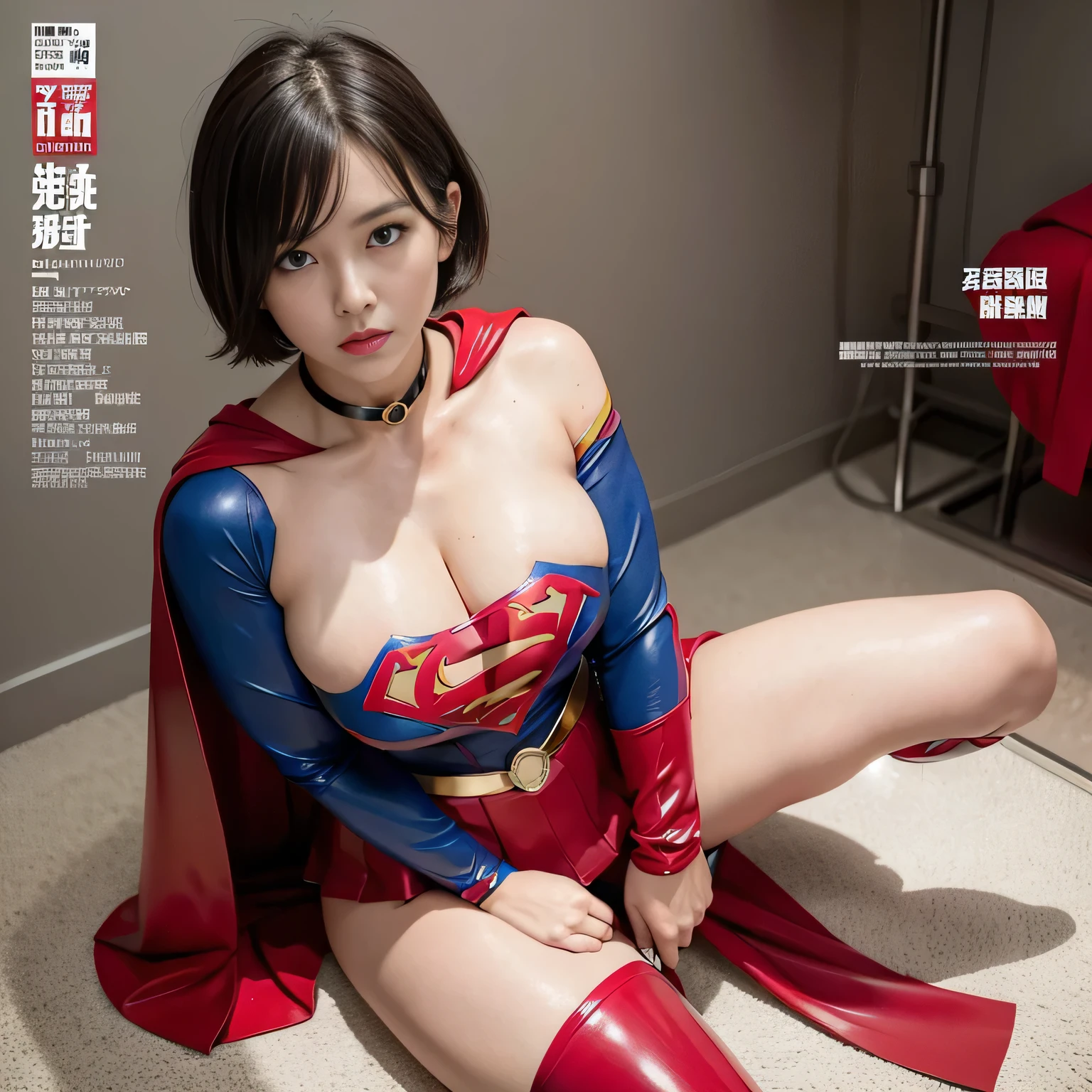 masterpiece、Rubber Supergirl Costume、short hair、Rubber Long Boots、Big and ample breasts、looking at the camera、choker、Long sleeve、Red cloak、mini skirt、Off the shoulder、Sweaty skin、Hospital room、Photo magazine cover、During treatment、Sit down and show off your beautiful legs、Knee-length boots、