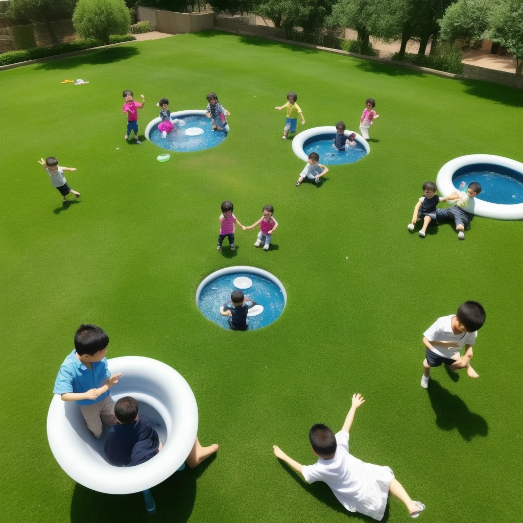 A group of children,Big Lawn,Water fights,Aerial viewing angle,Bird's-eye view,HD Photography,Authentic style