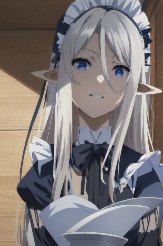 best quality, from below, log angle, intenseglare, disgust, shaded_face, shadow_over_eyes, glaring, looking down at the viewer, long platinum hair,blue eyes,pointy ears,elf,,masterpiece, highres, solo, (maid:1.40), (long maid dress:1.15), anime_style, 14
