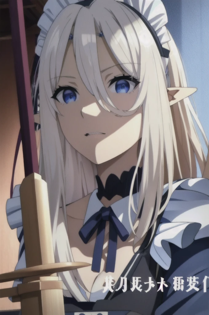 best quality, from below, log angle, intenseglare, disgust, shaded_face, shadow_over_eyes, glaring, looking down at the viewer, long platinum hair,blue eyes,pointy ears,elf,,masterpiece, highres, solo, (maid:1.40), (long maid dress:1.15), anime_style, 14
