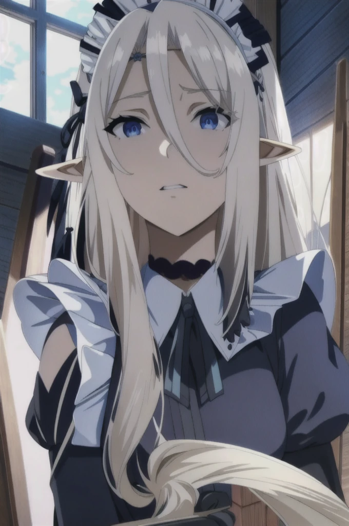 best quality, from below, log angle, intenseglare, disgust, shaded_face, shadow_over_eyes, glaring, looking down at the viewer, long platinum hair,blue eyes,pointy ears,elf,,masterpiece, highres, solo, (maid:1.40), (long maid dress:1.15), anime_style, 14
