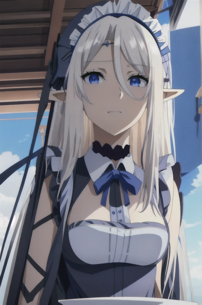 best quality, from below, log angle, intenseglare, disgust, shaded_face, shadow_over_eyes, glaring, looking down at the viewer, long platinum hair,blue eyes,pointy ears,elf,,masterpiece, highres, solo, (maid:1.40), (long maid dress:1.15), anime_style, 14
