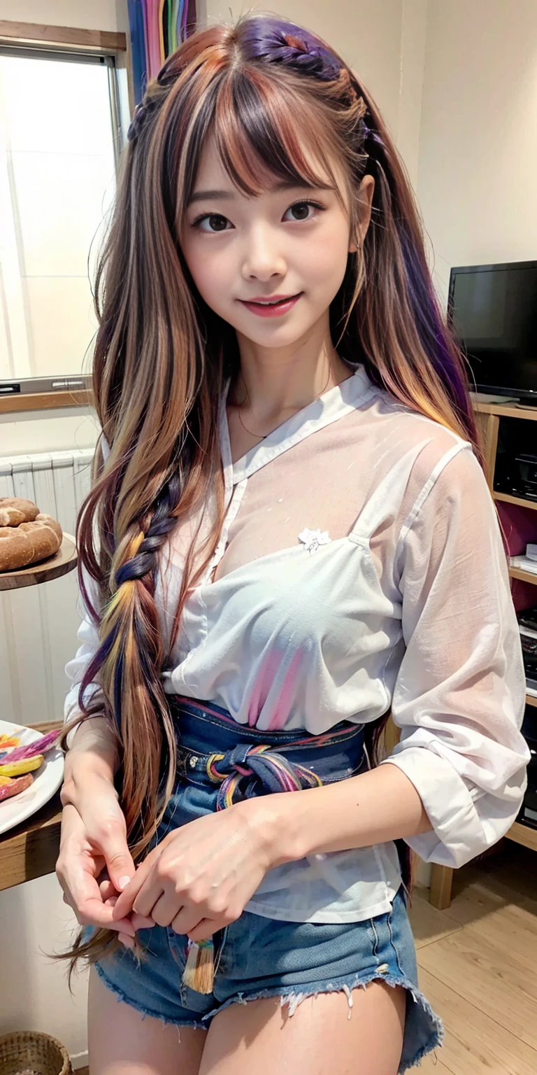 ((holding a large loaf of bread))、
12 year old girl、
Day本アイドル、

Cute Smile、
Lewd smile、　
Panting face、Pant voice、
Fluid organization:1.6), One beautiful girl with really wild hair, (Colorful wavy hair:1.2),( Two long braids:1.2), (Long wild hair:1.2), (Multicolored Hair: 1.9),Cute smile
Bakery Sales Staff、

Angle from directly below、
Low - Angle、スーパーLow - Angle、
apron、
blouse(See-through)、
はだけるblouse、
My shirt is open、
Open shirt、
hot pants、
ピンク色のhot pants、I can see a little underwear、Thighs、Butt、Beautiful buttocks、
I'm cleaning、
I'm wiping the floor.、Wipe the floor with a rag、
Bend over to clean、




clear、serious
Bakery Cafe、bread
Bakery clerk、Day本アイドル、

(masterpiece), (Highest quality:1.4), Absurd, [:Intricate details:0.2],  (View your viewers:1.2), Day,  reflection、
Reddish hair，Golden Student，enjoy，Moist，肉感Thighs，Slim figure，Moist, Glowing pink skin，transparent，Mature Woman，Affectionate expressions，情熱的に取り組んでいます

Day本アイドル