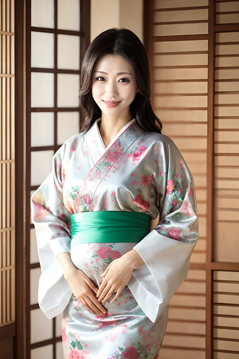 (Highest quality、Tabletop、8K、Best image quality、Award-winning works)、(One beautiful mature woman:1.1)、Adult face、(Innkeeper:1.1)、(Elegant floral kimono:1.2)、(A kimono with a perfect and precise collar:1.2)、Perfect mature woman portrait photo、Glowing Skin、Standing Elegantly、(Blurred elegant and exquisite perfect Japanese style room background:1.3)、(The most natural and perfect tidy Japanese style room background:1.2)、Glowing White Skin、Very white skin、(Accentuate your body lines:1.1)、(The most graceful posture:1.2)、(Large Breasts:1.2)、A perfect smile、Perfect beautiful glossy lips、(Accurate anatomy:1.1)、(A perfect and elegant kimono:1.1)、(Standing with good posture:1.1)、(Face close-up:1.1)、(A little pregnant:1.1)