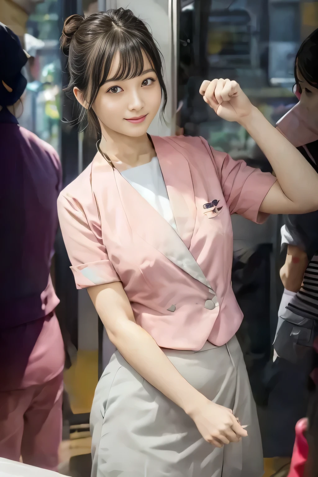 (masterpiece:1.2, Highest quality:1.2), 32k HDR, High resolution, (alone、1 Girl)、(On the roof of a building in the daytime、Professional Lighting)、Building rooftop background、(Nankai train crew uniform pinkを着たリアルスタイル)、(Nankai Railway crew uniform, pink, short sleeve, pink jacket、Nankai Railway crew uniform pink no-collar short-sleeve blouse、Nankai Train crew uniform pinkのグレー色のキュロットスカート)、Dark brown hair、(Hair tied up、Hair Bun、Hair Bun)、Dark brown hair、Long Shot、Big Breasts、Thin legs、((Great hands:2.0)),((Harmonious body proportions:1.5)),((Normal limbs:2.0)),((Normal finger:2.0)),((Delicate eyes:2.0)),((Normal eyes:2.0)))、smile、(Nankai Train crew uniform pinkのグレー色のキュロットスカートを見せた美しい歩く姿)、Show your hand