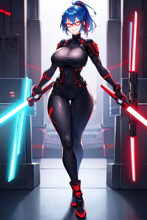 1girl, red eyes, blue hair, very short hair, ponytail, large breasts, hourglass figure, bodysuit, black bodysuit, neon, neon trim, machinery, tech, science-fiction, red glasses, futuristic, smile, standing, full body, ((full body)), sword, lightsaber, holding weapon