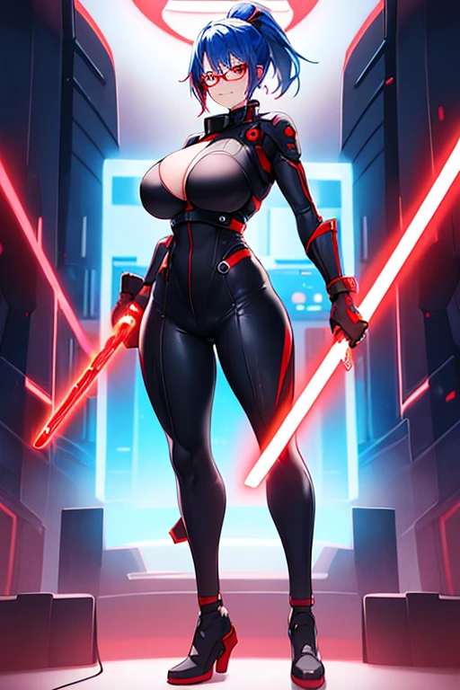 1girl, red eyes, blue hair, very short hair, ponytail, large breasts, hourglass figure, bodysuit, black bodysuit, neon, neon trim, machinery, tech, science-fiction, red glasses, futuristic, smile, standing, full body, ((full body)), sword, lightsaber, holding weapon