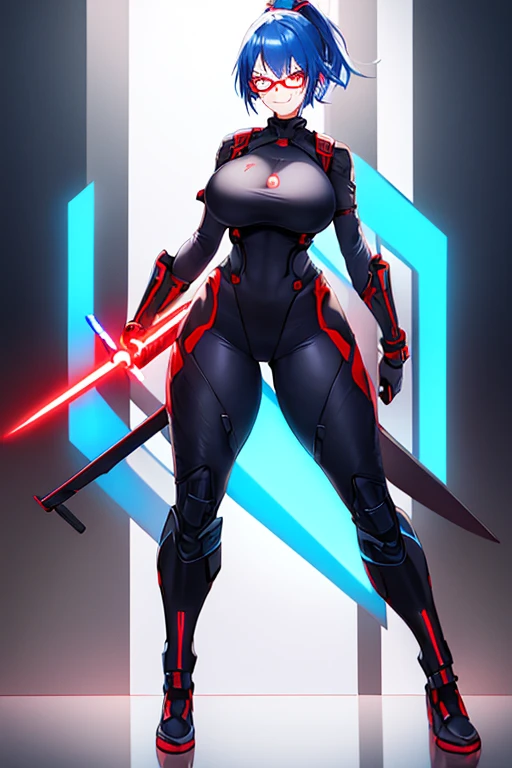 1girl, red eyes, blue hair, very short hair, ponytail, large breasts, hourglass figure, bodysuit, black bodysuit, neon, neon trim, machinery, tech, science-fiction, red glasses, futuristic, smile, standing, full body, ((full body)), sword, lightsaber, holding weapon