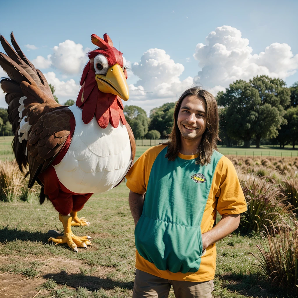 ((Best Quality)), ((Cartoon)), 1 happy man, cara visible, greeting, giant chicken costume, simple background, Field, funny, vivid colors