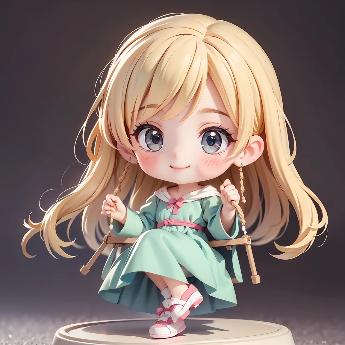  Super Chibi Character：1.8、Wearing cute shoes、background：simple、Blonde Hair、Cute 7 year old girl、Cinderella Dresses、smile：1.8、On the swing