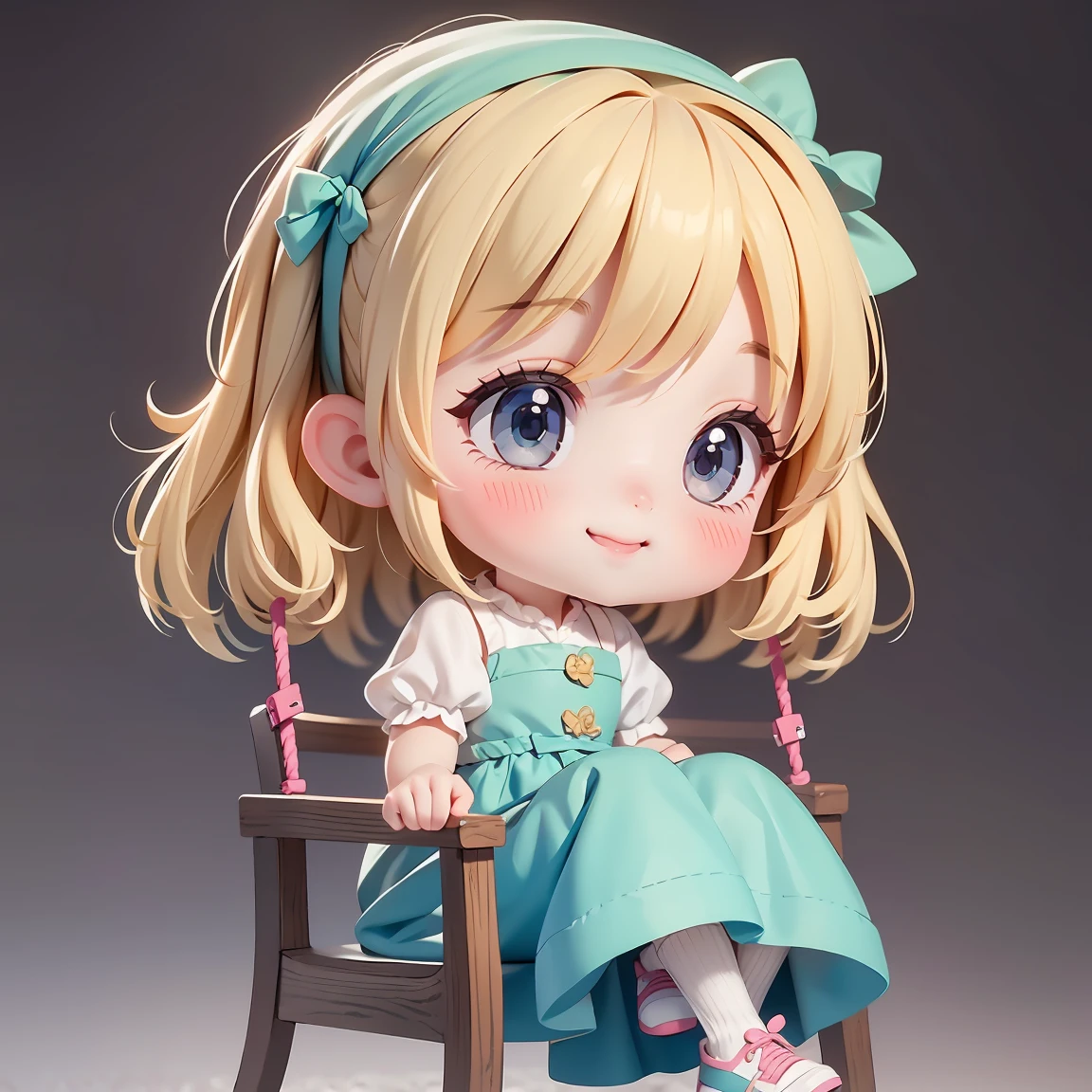 Super Chibi Character:1.8、Wearing cute shoes、background:simple、Blonde Hair、Cute 7 year old girl、Cinderella Dresses、smile:1.8、On the swing