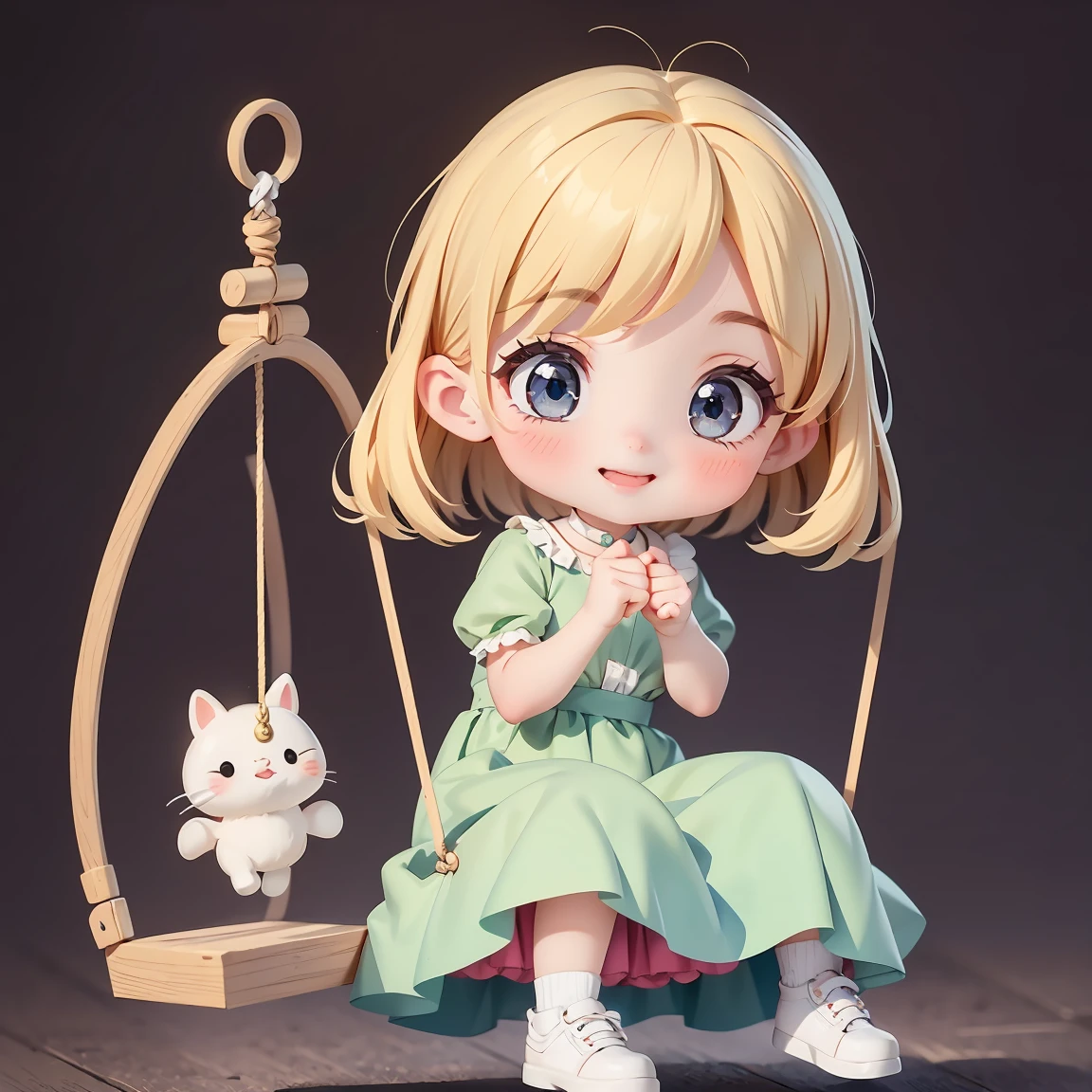  Super Chibi Character：1.8、Wearing cute shoes、background：simple、Blonde Hair、Cute 7  girl、Cinderella Dresses、smile：1.8、On the swing