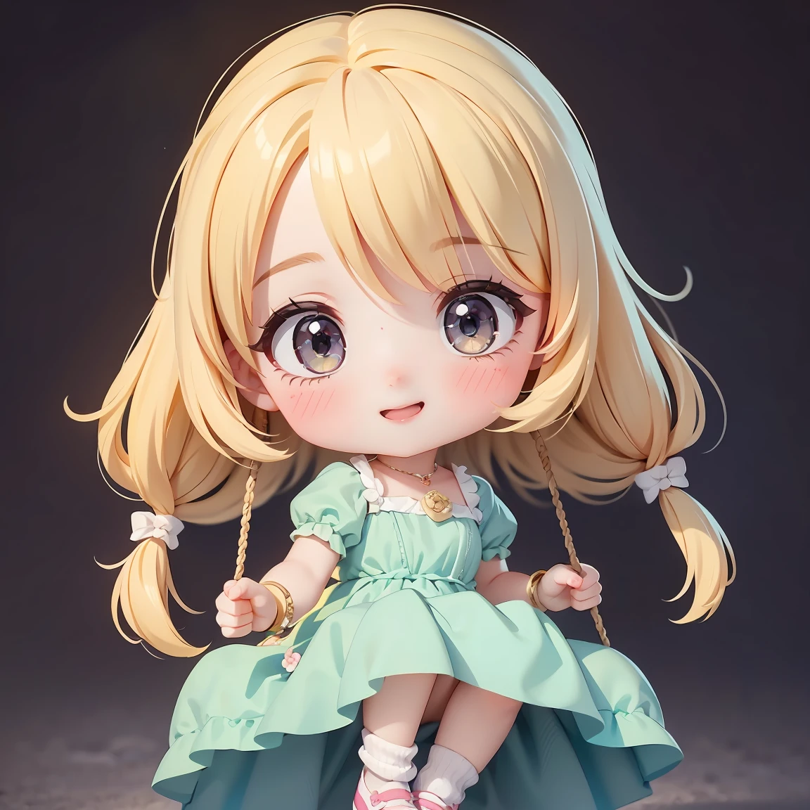 Super Chibi Character:1.8、Wearing cute shoes、background:simple、Blonde Hair、Cute 7 year old girl、Cinderella Dresses、smile:1.8、On the swing