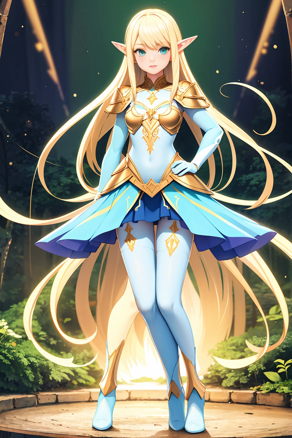 ((Full body photo, standing, feet on the floor)) (masterpiece, best quality), (full body:1.6), standing (small fighting elven 1girl:1.6),(magical),(cute,adorable:1.3),blonde hair, green eyes, medium breast, beautiful, detailed, enchanted breastplate with precious gemstones, white thigh-high greaves, seductive pose, in a forest, magic flora, detailed face and eyes, volumetric light,(ultra quality skin:1.7),
