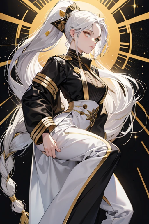 She wears a white skintight suit with black and gold bands around her ankles and wrists along with two black and golden bands her waist. Including three golden bands around her neck, along with white mask with three black diamond markings above it her hair is pure white pulled into a floor length ponytail with braids that have little black and gold hair bands tied at the ends with white cat ears with black and gold accents. SPARKLE; GLITTER