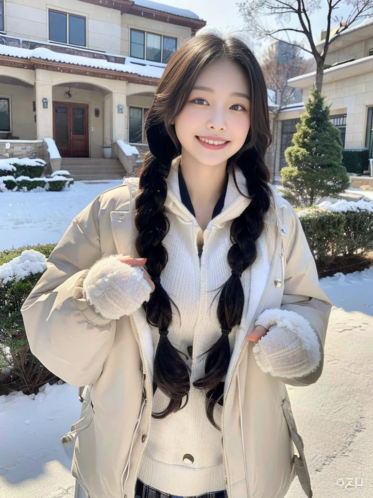 (A photo of a super cute Korean schoolgirl wearing a down jacket:1.2)(grin,smile:1.1)(Beautiful Sweat:1.1)(16K, RAW Photos, Highest quality, masterpiece: 1.2),(A cute braid of shiny black hair) Super detailed, Super Resolution, (Genuine, Genuine photos: 1.37), Portraiture, High-resolution RAW color photos, Professional photos, Very detailed, 8k wallpaper, Very detailed CG Unity 8k wallpaper, Very detailed beautiful girls, Very detailed faces, ((whole body)), beautiful woman, Huge breasts,(huge boobs:1.1) (Big Boobs:1.1), beautiful  (Wear a down jacket),high school girl, Korean Girls,(K-POP Female Idols), (Idol-class beauty)(Beautiful high school girl:1.1)(Large icicles in front of a house in heavy snow)()(North Face down jacket over a tight sweatshirt:1.1)Wearing a fluffy scarf and hand-knitted gloves