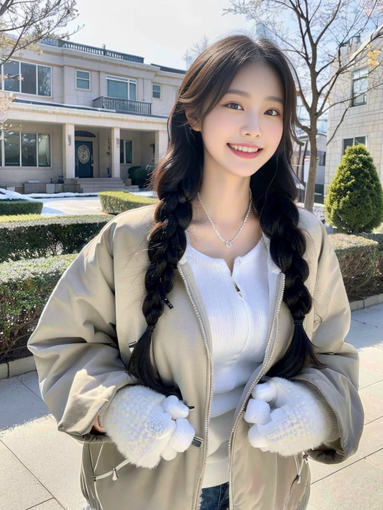 (A photo of a super cute Korean schoolgirl wearing a down jacket:1.2)(grin,smile:1.1)(Beautiful Sweat:1.1)(16K, RAW Photos, Highest quality, masterpiece: 1.2),(A cute braid of shiny black hair) Super detailed, Super Resolution, (Genuine, Genuine photos: 1.37), Portraiture, High-resolution RAW color photos, Professional photos, Very detailed, 8k wallpaper, Very detailed CG Unity 8k wallpaper, Very detailed beautiful girls, Very detailed faces, ((whole body)), beautiful woman, Huge ,(huge boobs:1Big Boobs:1.1), iful (Wear a down jacket),high school girl, Korean Girls,(K-POP Female Idols), (Idol-class beauty)(Beautiful high school girl:1.1)(Large icicles in front of a house in heavy snow)(17 years old)(Nor jacket over a tight sweatshirt:1.1)Wearing a fluffy scarf and hand-knitted gloves