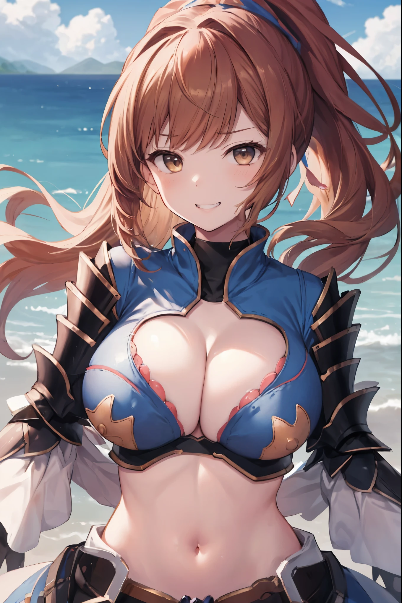 masterpiece, best quality, def,beatrix, ponytail, hair ribbon, gauntlets, blue shirt, gloves, cleavage cutout, looking at viewer, big_smile, large breasts, sky ,,happy,covered_nipples,young_teen,grin,full_of_beans,,laugh,portrait,bust_up_shot,(focus_face:1.3),pov