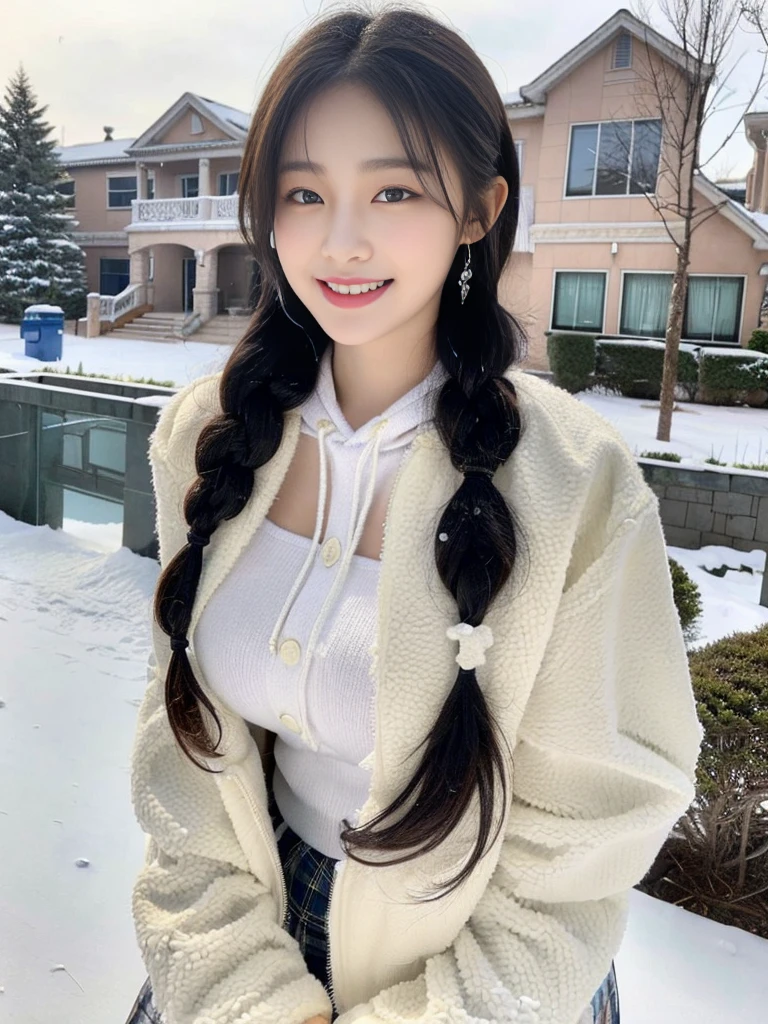 (A photo of a super cute Korean schoolgirl wearing a down jacket:1.2)(grin,smile:1.1)(Beautiful Sweat:1.1)(16K, RAW Photos, Highest quality, masterpiece: 1.2),(A cute braid of shiny black hair) Super detailed, Super Resolution, (Genuine, Genuine photos: 1.37), Portraiture, High-resolution RAW color photos, Professional photos, Very detailed, 8k wallpaper, Very detailed CG Unity 8k wallpaper, Very detailed beautiful girls, Very detailed faces, ((whole body)), beautiful woman, Huge breasts,(huge boobs:1.1) (Big Boobs:1.1), beautiful (Wear a down jacket),high school girl, Korean Girls,(K-POP Female Idols), (Idol-class beauty)(Beautiful high school girl:1.1)(Large icicles in front of a house in heavy snow)(17 years old)(North Face down jacket over a tight sweatshirt:1.1)Wearing a fluffy scarf and hand-knitted gloves